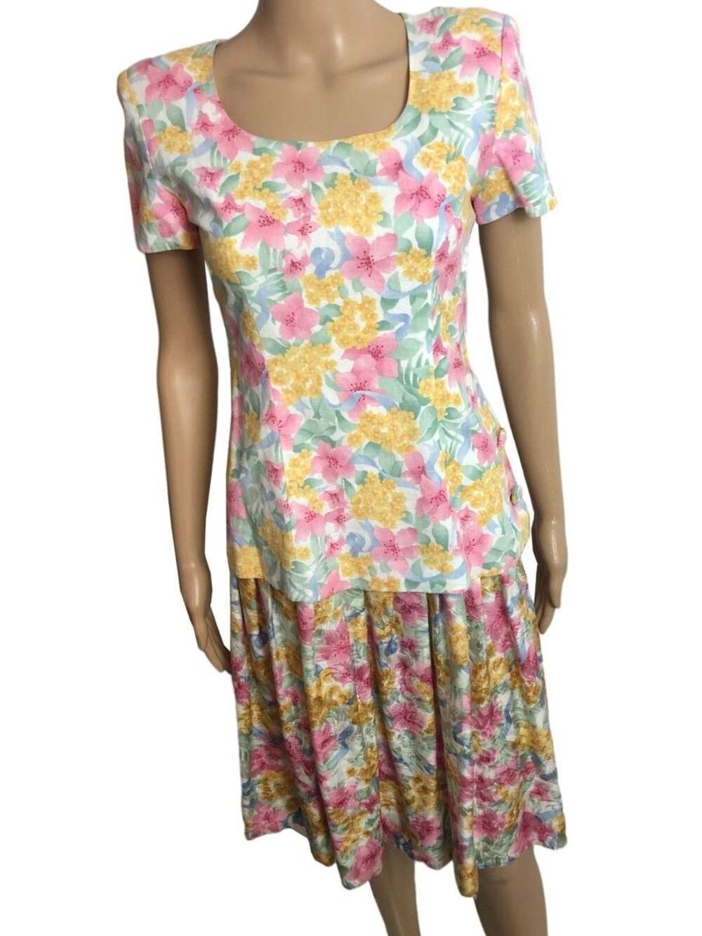 Talbots Vintage Floral Two-Piece Skirt Set, Linen-Cotton Blend Bodice and Silk S